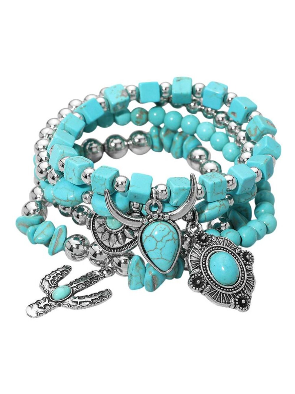 Tigerstars 4PCS - Western Cactus Charm Turquoise Beaded Stretch Bracelets